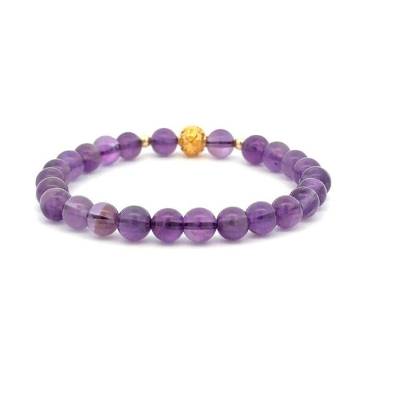18K Gold Money Ball Lucky Charm Beads Bracelet Gemstones Amethyst 6mm - Picture 7 of 9